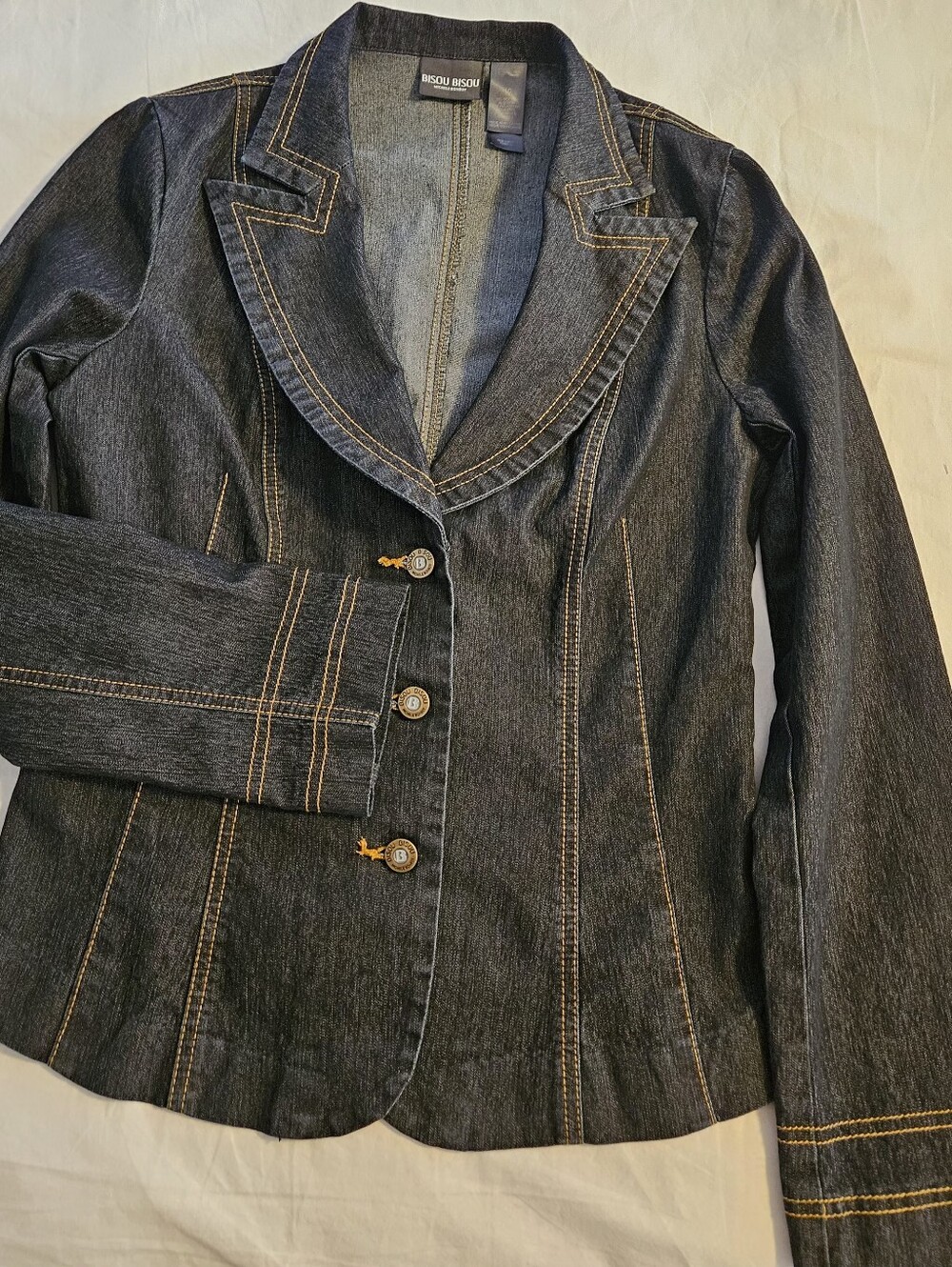 Vintage Bisou Bisou Y2K Dark Wash Denim Tailored Peplum Blazer Jacket 10 - Picture 5 of 11